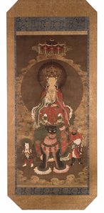Bodhisattwa Mañjusrî na lwie, koniec XIV wieku (tusz, kolor i złoty pigment na jedwabiu) autorstwa Ming Dynasty Chinese School