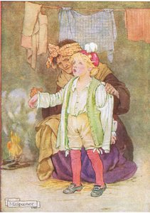 Odebrano mu aksamit, pióra i koronki (z opowiadania Edwy i Echo), ilustracja z A Staircase of Stories wydanej przez Thomas Nelson & Sons Ltd 1940 (kolor litho)