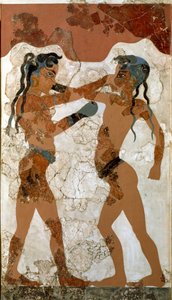 Sztuka minojska: „”walka między dwoma bokserami””” Fresco od Akrotiri do Santorini. XVI w. p.n.e. Ateny, Narodowe Muzeum Archeologiczne - Sztuka minojska: boks chłopców minojskich. Fresk z Akrotiri, Santorini XVI wiek pne. Narodowe Muzeum Archeologiczne, A autorstwa Minoan
