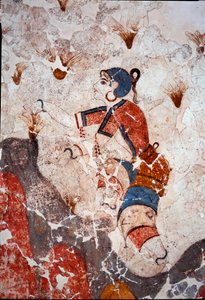 Cywilizacja minojska: kobiety zbierające szafran. Fragment fresku z lustra basenu Xeste 3 w Akrotiri (Thera), Santorini. Ciemny. 244x266 cm XVI wiek pne Santorini, Kolekcja fresków Akrotiri a Thera - cywilizacja minojska: kobiety zbierające szafran