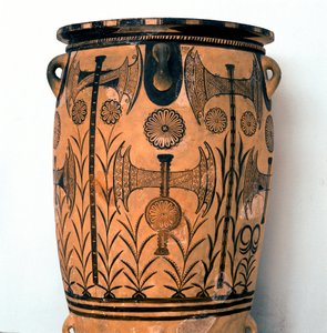 Sztuka minojska: waza z terakoty z okresu Neopalatiale zdobi symbole bóstw oraz wyobrażenia nieba i ziemi, a także podwójny topór, symbol cywilizacji kreteńskiej. Z Knossos (Cnossos) Heraklion, Muzeum Archeologiczne na Krecie autorstwa Minoan