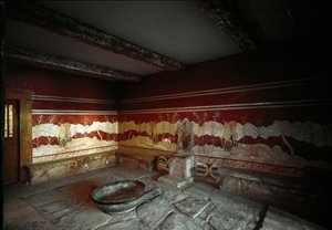 Cywilizacja minojska: widok sali tronowej pałacu króla Minosa w Cnossos (Knossos). autorstwa Minoan