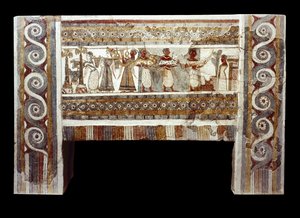 Scena kultu zmarłych, fresk na sarkofagu Hagia Triada autorstwa Minoan