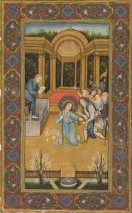 Jezus wśród lekarzy w świątyni, ok. 1760 r. (nieprzezroczysta akwarela ze złotem na papierze, kwiatowe obwódki w kolorach na złotym podłożu)