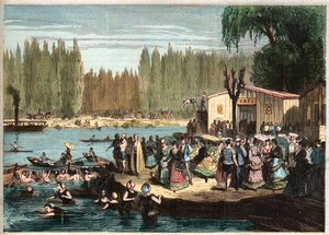Pływanie w La Grenouillere na obrzeżach Paryża - La Grenouillere w Croissy-sur-Seine w 1869 r. - po Mirandzie autorstwa Miranda Miranda