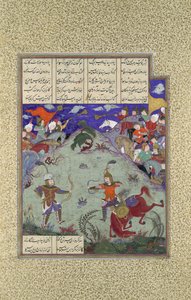 Walka Rustama i Ashkabusa, Folio 268v z Księgi Szahnamy z..., ca. 1525-30. autorstwa Mirza Muhammad Qabahat