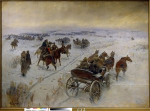 Bitwa pod Jegorlikską (Rosja). Epizod rosyjskiej wojny domowej (1917-1923), konfrontacja kawalerii Armii Czerwonej i Białej na zaśnieżonych równinach. Obraz Mitrofana Borisowicza Grekowa (1882-1934), olej na płótnie