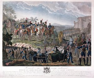 Napoleon oddający hołd odwadze zwyciężonych podczas kapitulacji Ulm, 20 października 1805 (kolorowe grawerowanie) autorstwa Mixille or Mixelle Jean Marie