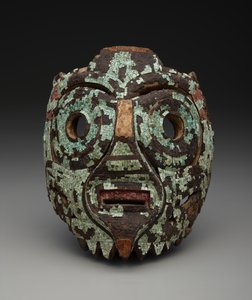 Maska, prawdopodobnie Tlaloca, ok. 1350-1521 (drewno, turkus, muszla, węgiel brunatny i żywica)