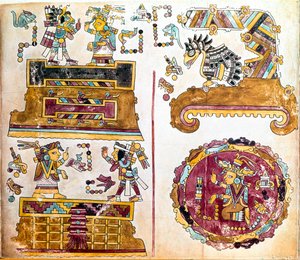 Cywilizacja Mixtec: Kodeks Mixtec z ilustracjami codziennych czynności - Sztuka prekolumbijska, cywilizacja mieszana: scenes de vie quotidienne - Fragment kopii Kodeksu Vindobonensis lub kodeksu wiedeńskiego wysłanego przez Hernana Cortesa do Karola V w 15