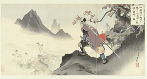 Kato Kiyomasa niszczy i zdobywa pałac Orangai przez stoczenie się z głazu. Kato Kiyomasa oishi korogashite Orankai no kenjo lub uchiyaburu zu. (tytuł na obiekcie)