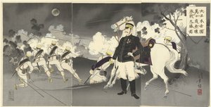 Niech żyje wielka cesarska Japonia! Obraz wielkiego zwycięstwa w Pjongjangu. Dai Nihon Teikoku Banbanzai. Heijo pocałował daisho no zu. (tytuł na obiekcie)