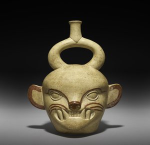 Naczynie w kształcie głowy kota, AD 100-800 (ceramiczne z poślizgiem) autorstwa Moche Moche