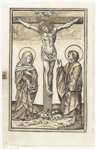 Chrystus na krzyżu z Maryją i Janem autorstwa Monogrammist DS (graveur) (attributed to)