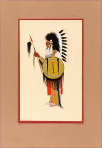 Cheyenne Warrior w piórkowym nakryciu głowy z tarczą, ca. 1915-1937.
