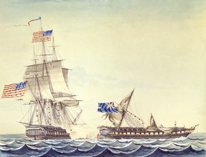 Starcie morskie pomiędzy fregatą U.S. Constitution i fregatą H.M. Java (akwarela na papierze) autorstwa Montardier Montardier