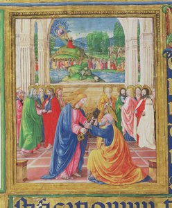 Ms 542 f.3v Chrystus dający klucze św. Piotrowi, w tle Bóg przekazuje Mojżeszowi tablice Prawa z psałterza napisanego przez Don Appiano z kościoła Badia Fiorentina we Florencji