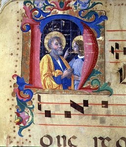Ms 543 Historiowany inicjał "N" ze św. Wawrzyńcem i innym świętym, z psałterza, ok. 1515 (vellum)