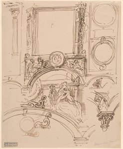 Detale architektoniczne dekoracji ściennej z cesarzową Marią Teresą obejmującą młodego Wolfganga Amadeusza Mozarta, ok. 1864 (pióro i tusz) autorstwa Moritz Ludwig von Schwind