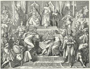 Sangerkrieg, konkurs minstreli na zamku Wartburg w Turyngii w 1207 roku (rycina) autorstwa Moritz Ludwig von Schwind