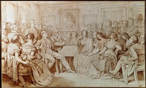 Kompozytor Franz Schubert towarzyszy tenorowi Johannowi Michaelowi Voglowi podczas wieczoru muzycznego u Barona von Spaun (Rysunek autorstwa Moritz Ludwig von Schwind