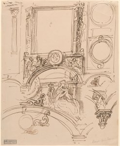 Detale architektoniczne dekoracji ściennej z cesarzową Marią Teresą obejmującą młodego Wolfganga Amadeusza Mozarta autorstwa Moritz Ludwig von Schwind