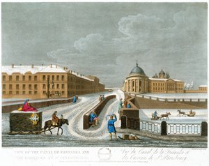 Widok na kanał Fontanka i koszary, ilustracja na listopad z Roku w Petersburgu sztychowana przez Johna H. Clarka, kolorowana przez M. Dubourga. pub. 1815 w Londynie autorstwa Edwarda Orme (kolor lit