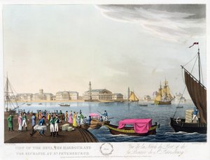 Widok na Newę, port i giełdę w Petersburgu, ilustracja na czerwiec z „Roku w Petersburgu” sztychowanego przez Johna H. Clarka, kolorowanego przez M. Dubourga, wyd. 1815 w Londynie przez Edwarda O