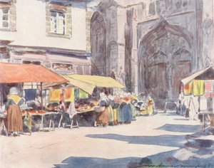 Przed katedrą, Quimper (kolorowa litografia) autorstwa Mortimer Ludington Menpes