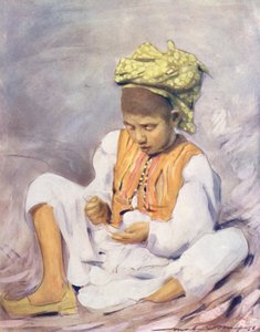 Dzieci świata: Indianin, Nawlekanie koralików (kolorowa litografia) autorstwa Mortimer Ludington Menpes