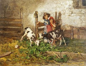 Dzieci i kozy w stodole, autorstwa Mose Bianchi
