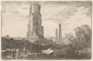 Krajobraz z dwoma obeliskami i „Torre delle Militia” Arkadyjskie pejzaże (tytuł serii) autorstwa Moyses van Wtenbrouck