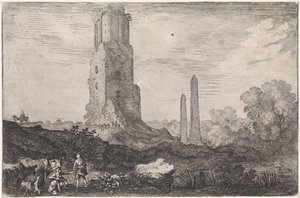 Krajobraz z dwoma obeliskami i „Torre delle Militia” Arkadyjskie pejzaże (tytuł serii) autorstwa Moyses van Wtenbrouck