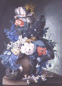 Grupa kwiatów w słoiku i ptasie gniazdo autorstwa Mrs.Margaret Meen