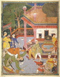 Bohater zabija olbrzyma przed tłumem gapiów na dziedzińcu, ilustracja z Hamza Nama, ok. 1555-67 (kolor ciała na bawełnie) autorstwa Mughal School