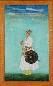 Młody szlachcic z dworu Mogołów trzymający zapieczętowaną brokatową kopertę, ok. 1670-80, z Wielkiego Albumu Clive (gwasz na papierze) autorstwa Mughal School
