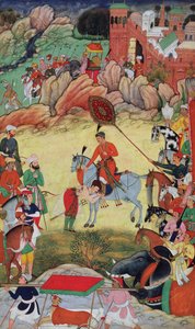 Adham Khan składa hołd Akbarowi w Sarangpur w środkowych Indiach, w 1560 lub 1561, z Akbarnama, 1590-98