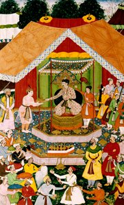 Akbar i Azim Khan w Dipalpur, ok. 1590-95 autorstwa Mughal School