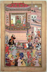 Akbar udzielający audiencji, autorstwa Husays Naggash i Kesu, z "Akbarnama", Mogołowie, ok. 1590 r. autorstwa Mughal School