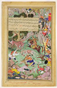 Polowanie Akbara na tygrysa w pobliżu Nawar, Gwalior w 1561 r. autorstwa Mughal School