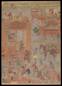 Anushirvan kładzie fundament pod Ktezyfon o godzinie pomyślnej, folio rękopisu, ok. 1560-1565 (nieprzezroczysta akwarela, tusz i złoto na tkaninie, oprawiona na tekturze) autorstwa Mughal School