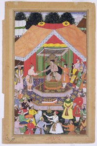 Cesarz Akbar (r.1556-1605) przyjmowany przez swojego przybranego brata Azima Khana w Dipalpur, Pendżab, 1571, z Akbarnamy wykonanej przez Abul Fazi, 1590-98 (nieprzezroczysta toaleta i złoto na papierze) autorstwa Mughal School