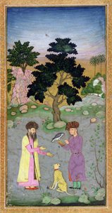 Sokolnik z towarzyszem i gepardem, z Małego Albumu Clive, ok. 1610-15 (nieprzezroczyste wc na papierze) autorstwa Mughal School