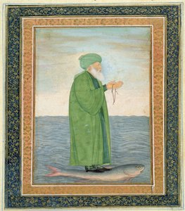 Khawa Khizir Khan jadący na rybie, z albumu Small Clive (nieprzezroczysta toaleta na papierze) autorstwa Mughal School