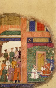 Król Dasaratha rozmawia z księdzem rodzinnym o regencji Ramy w pałacu, podczas gdy dworzanie i ministrowie czekają na dziedzińcu, ok. 1595 autorstwa Mughal School