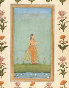 Dama trzymająca kwiat, stojąca przy sadzawce z liliami, z Albumu Małego Clive (wc nieprzezroczyste na papierze) autorstwa Mughal School
