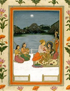 Kochankowie na tarasie nad jeziorem oświetlonym księżycem, z Albumu Mały Clive (nieprzezroczyste wc na papierze) autorstwa Mughal School