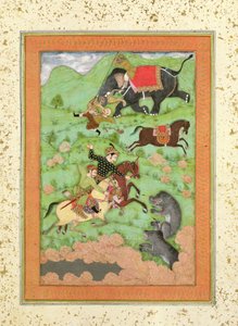 książęta radźputowie polujący na niedźwiedzie; kornak i jego słoń ratują upadłego jeźdźca przed tygrysem, z Large Clive Album autorstwa Mughal School