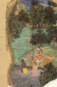 Rama i Lakszmana ofiarują wodę swojemu zmarłemu ojcu nad brzegiem rzeki Mandakini, ok. 1595 autorstwa Mughal School