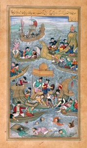 Sultan Bahadur i Rumi Khan skaczą do morza w otoczeniu portugalskich łodzi z Akbarnama autorstwa Mughal School